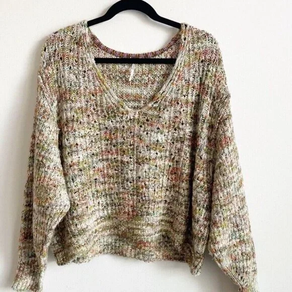 Free People Size XS Multicolor Highland Cable Knit Oversized V Neck Sweater - Picture 2 of 8